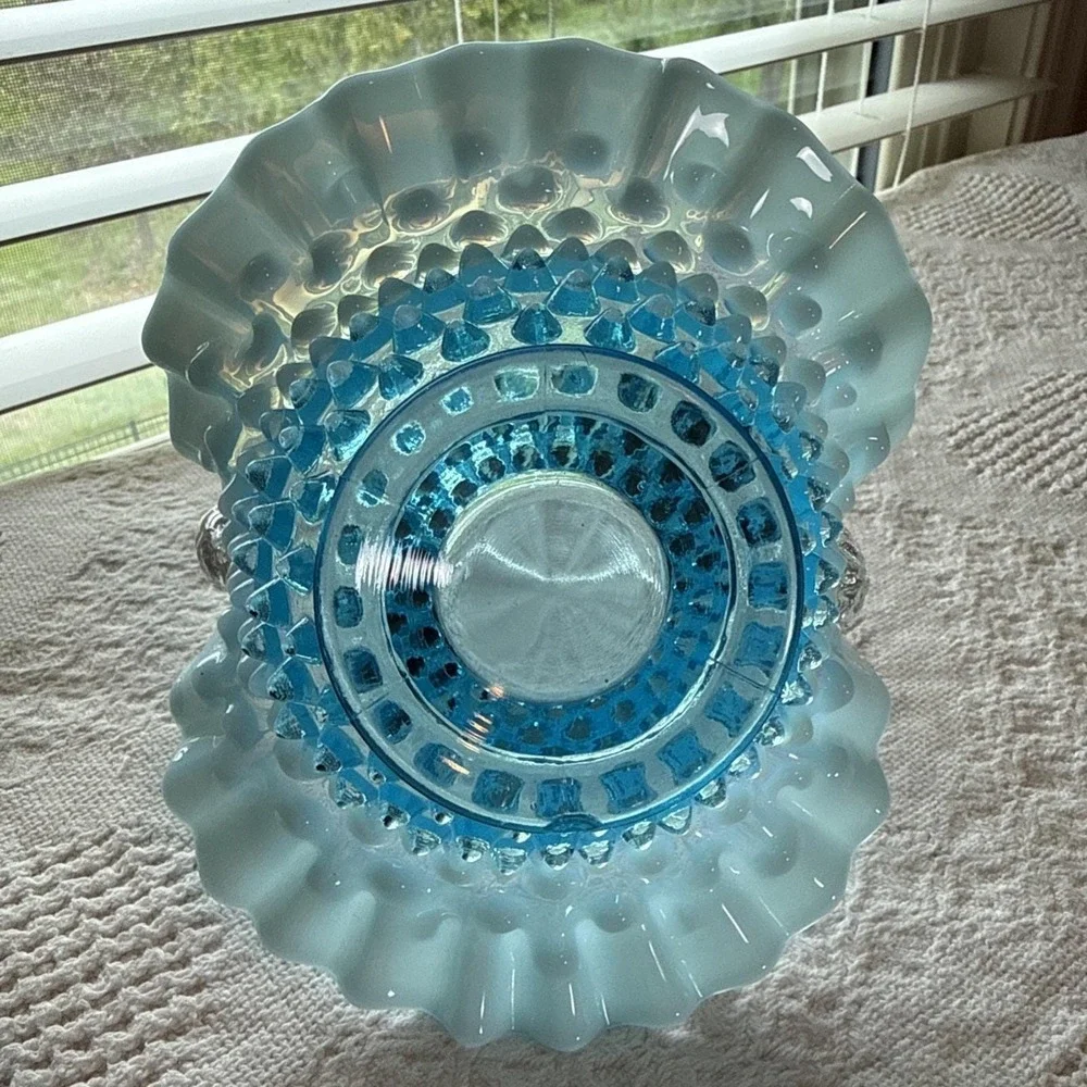 Fenton Blue Opalescent Hobnail‎ Small Basket Ruffled Glass with Handle Vintage